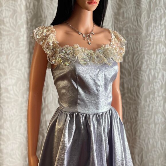 NWT Deadstock Vintage 90s Recollections Purple Metallic Lace Saloon Dress Size M - Picture 6 of 8